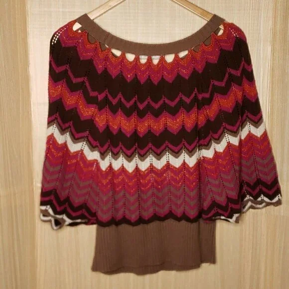 NY Collection Chevron Retro Look Poncho Sweater - Picture 2 of 8